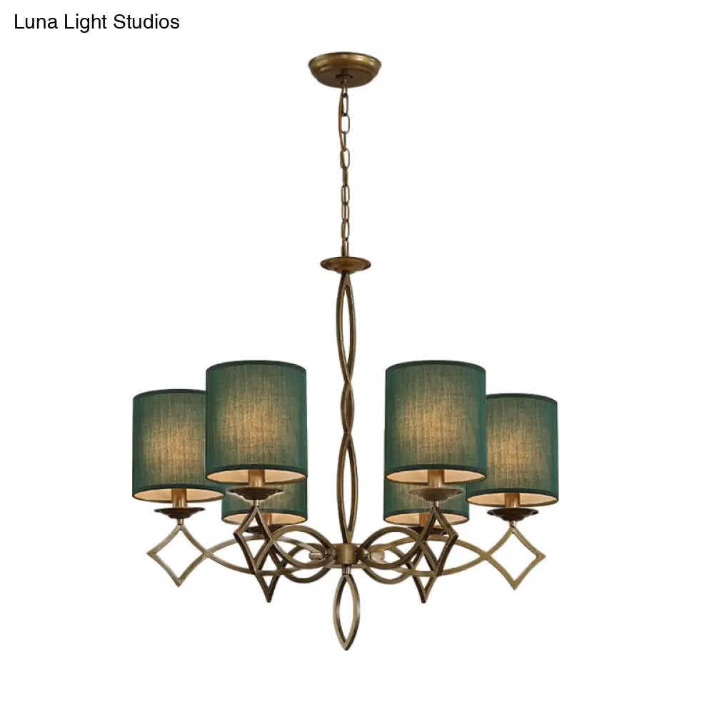 6-Light Chandelier Lamp With Drum Shade And Fabric Pendant In White/Beige/Green - Metal Twisted Arm