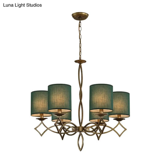 6-Light Chandelier Lamp With Drum Shade And Fabric Pendant In White/Beige/Green - Metal Twisted Arm