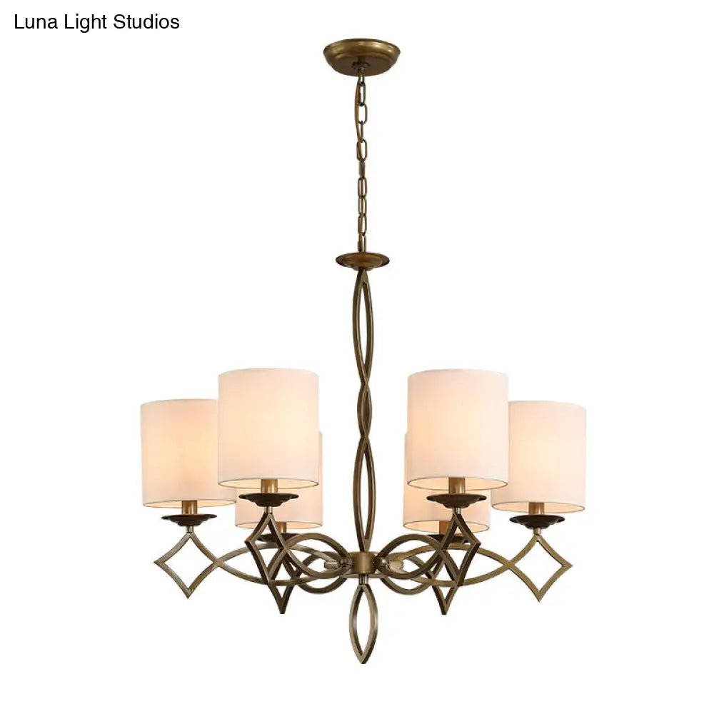 6-Light Chandelier Lamp With Drum Shade And Fabric Pendant In White/Beige/Green - Metal Twisted Arm