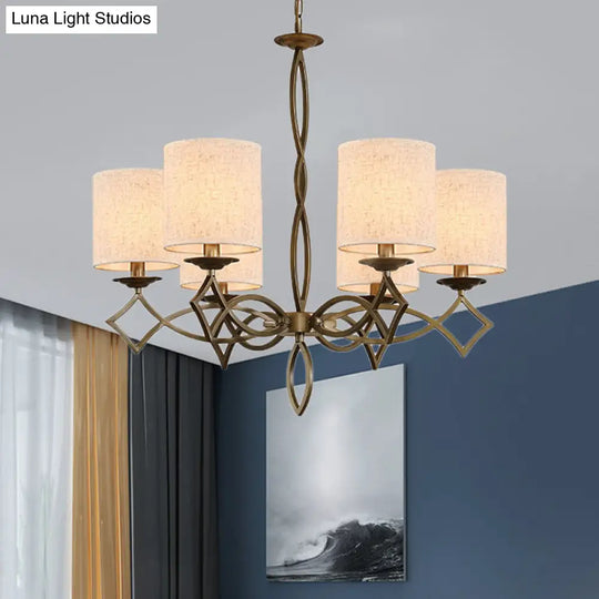 6-Light Chandelier Lamp With Drum Shade And Fabric Pendant In White/Beige/Green - Metal Twisted Arm