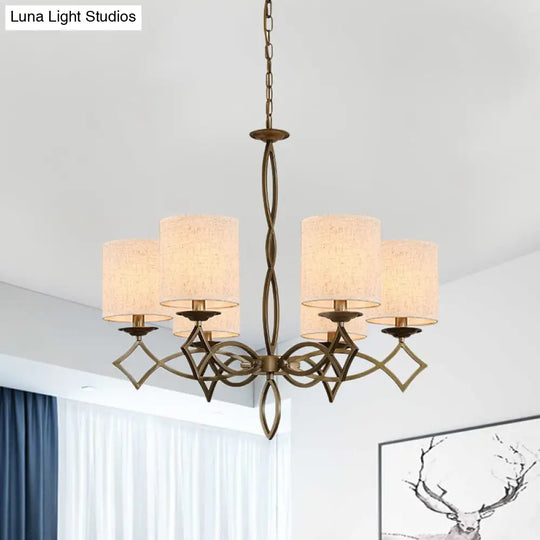 6-Light Chandelier Lamp With Drum Shade And Fabric Pendant In White/Beige/Green - Metal Twisted Arm