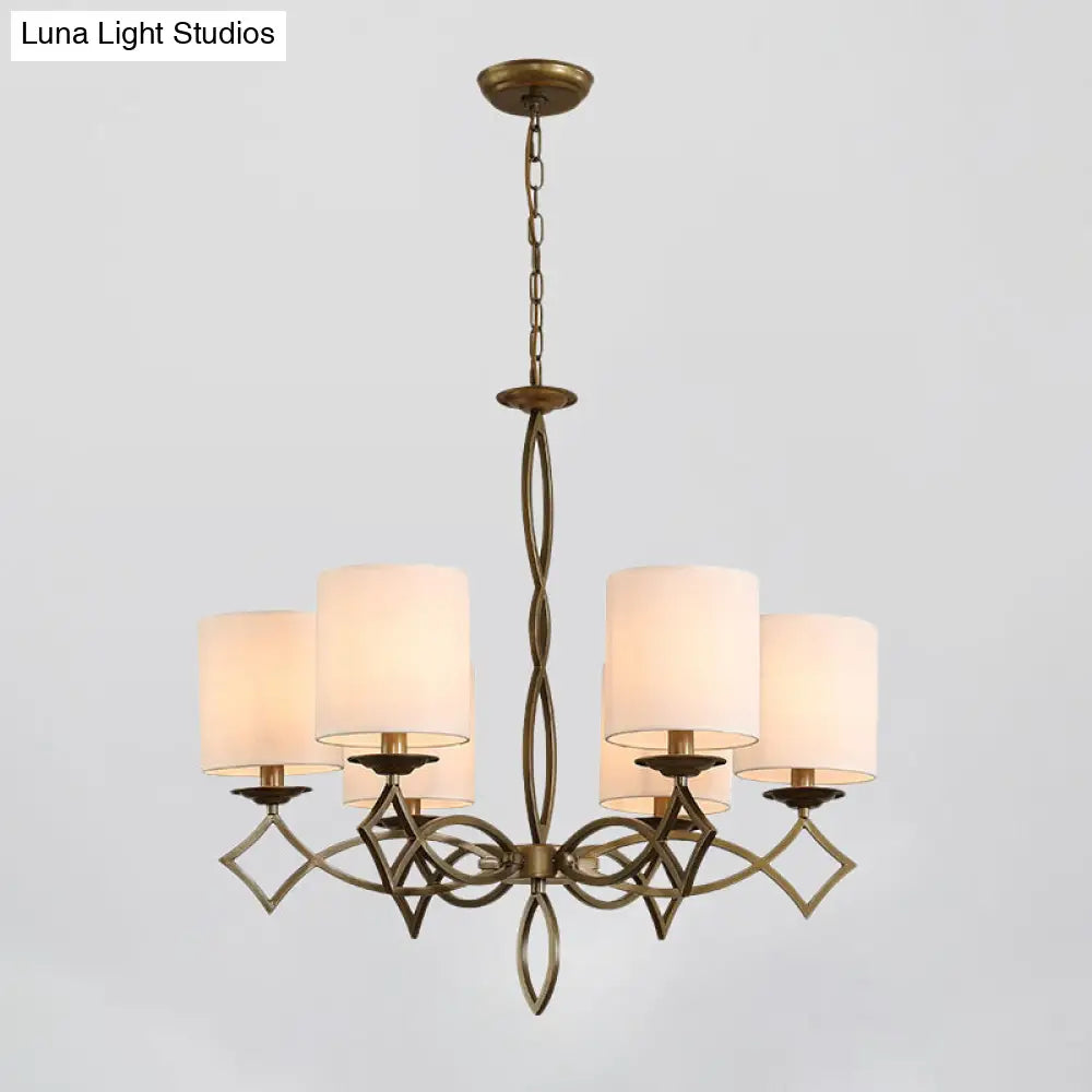 6-Light Chandelier Lamp With Drum Shade And Fabric Pendant In White/Beige/Green - Metal Twisted Arm