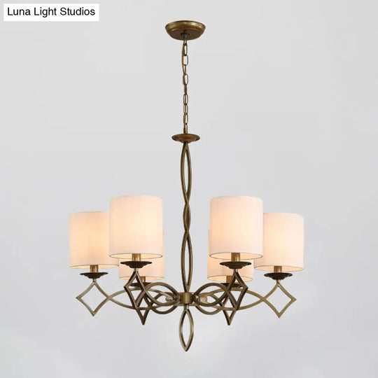 6-Light Chandelier Lamp With Drum Shade And Fabric Pendant In White/Beige/Green - Metal Twisted Arm