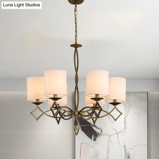 6-Light Chandelier Lamp With Drum Shade And Fabric Pendant In White/Beige/Green - Metal Twisted Arm