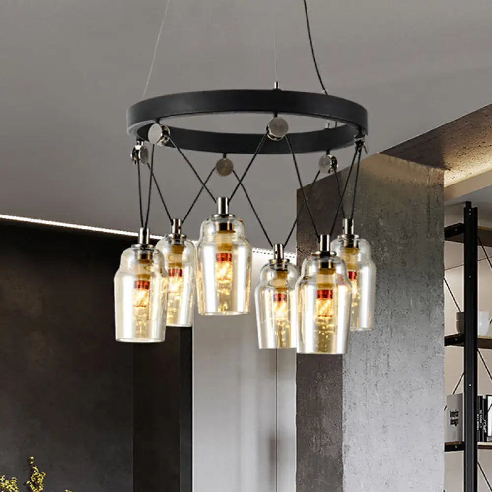 6-Light Cocktail Shaker Chandelier: Loft Black With Clear Glass Suspension Pendant Light