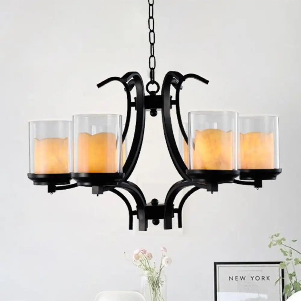 6-Light Country Black Chandelier With Marble And Glass Shades For Dining Room Ceiling