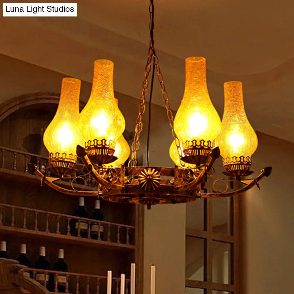 6-Light Crackle Glass Chandelier - Traditional Beige Vase Pendant Light For Living Room