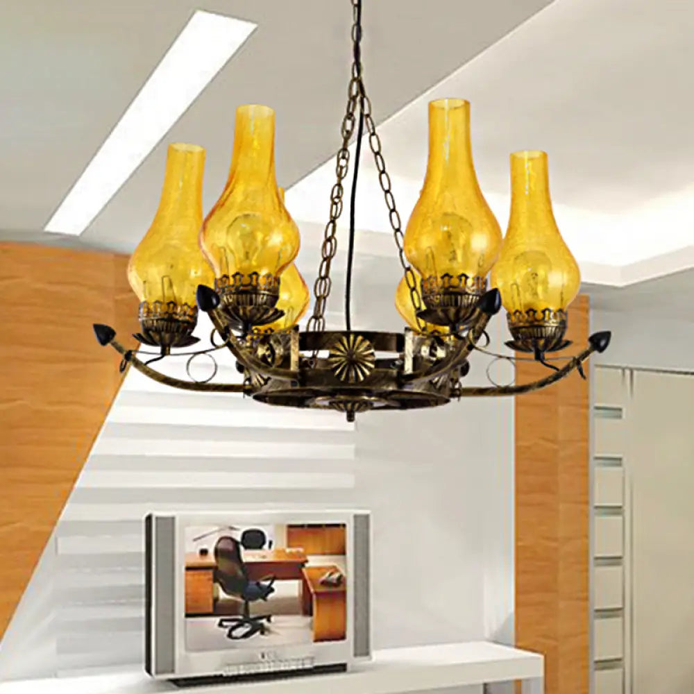 6-Light Crackle Glass Chandelier - Traditional Beige Vase Pendant Light For Living Room