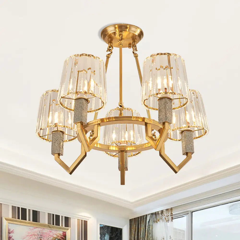 6-Light Crooked Arm Semi Flush Gold Ceiling Light With Clear Crystal Tapered Shade - Modern Design