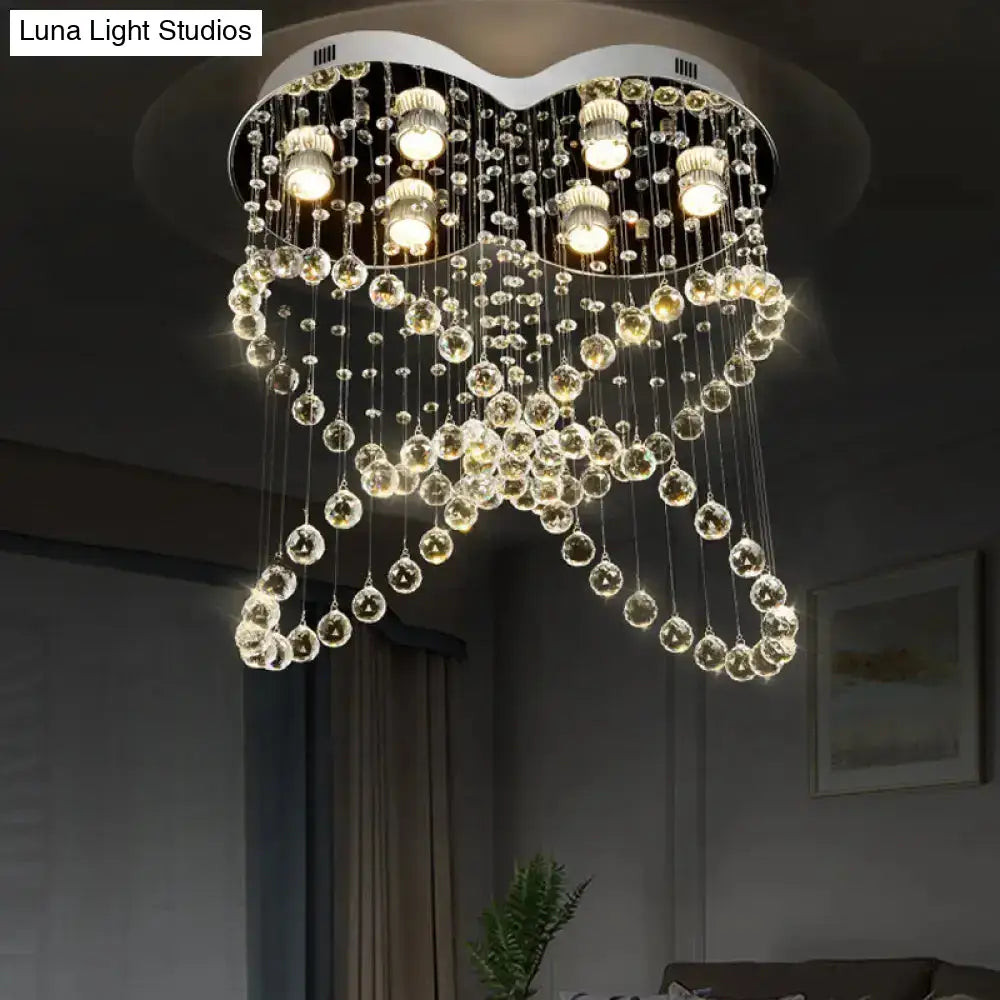 6-Light Crystal Orb Flush Mount Stainless Steel Butterfly Bedroom Ceiling Light