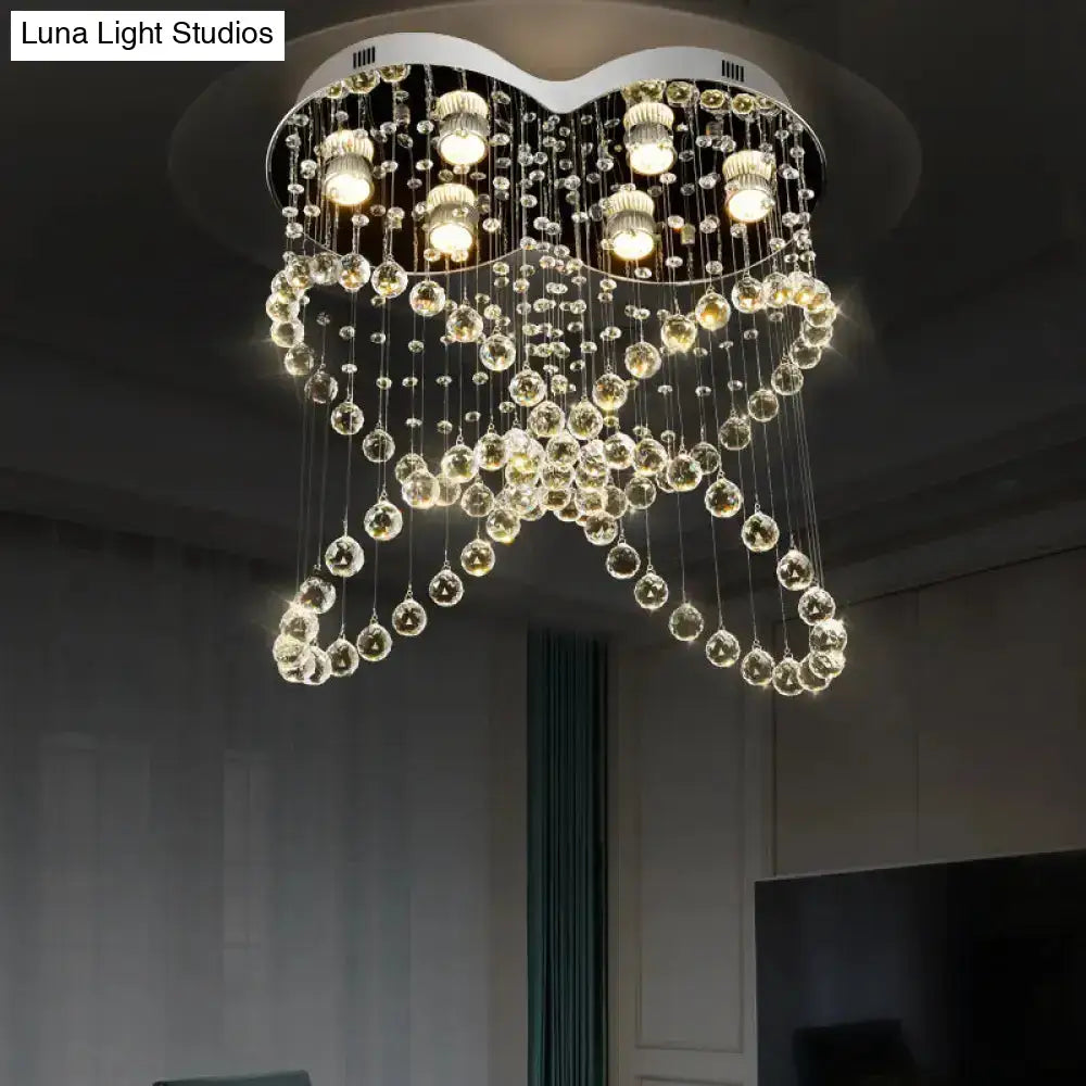 6-Light Crystal Orb Flush Mount Stainless Steel Butterfly Bedroom Ceiling Light