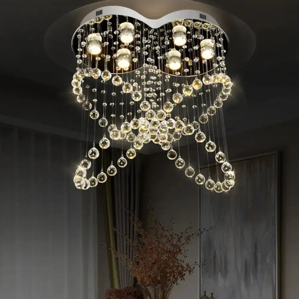 6-Light Crystal Orb Flush Mount Stainless Steel Butterfly Bedroom Ceiling Light Stainless-Steel