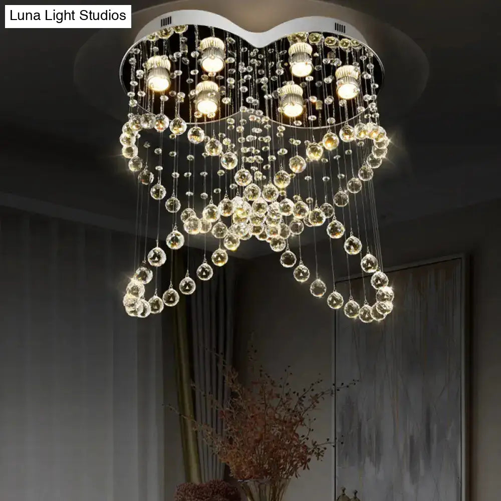 6-Light Crystal Orb Flush Mount Stainless Steel Butterfly Bedroom Ceiling Light