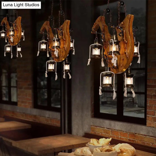 6-Light Dining Room Island Chandelier With Kerosene Clear Glass Shade - Factory Wood Hanging Light