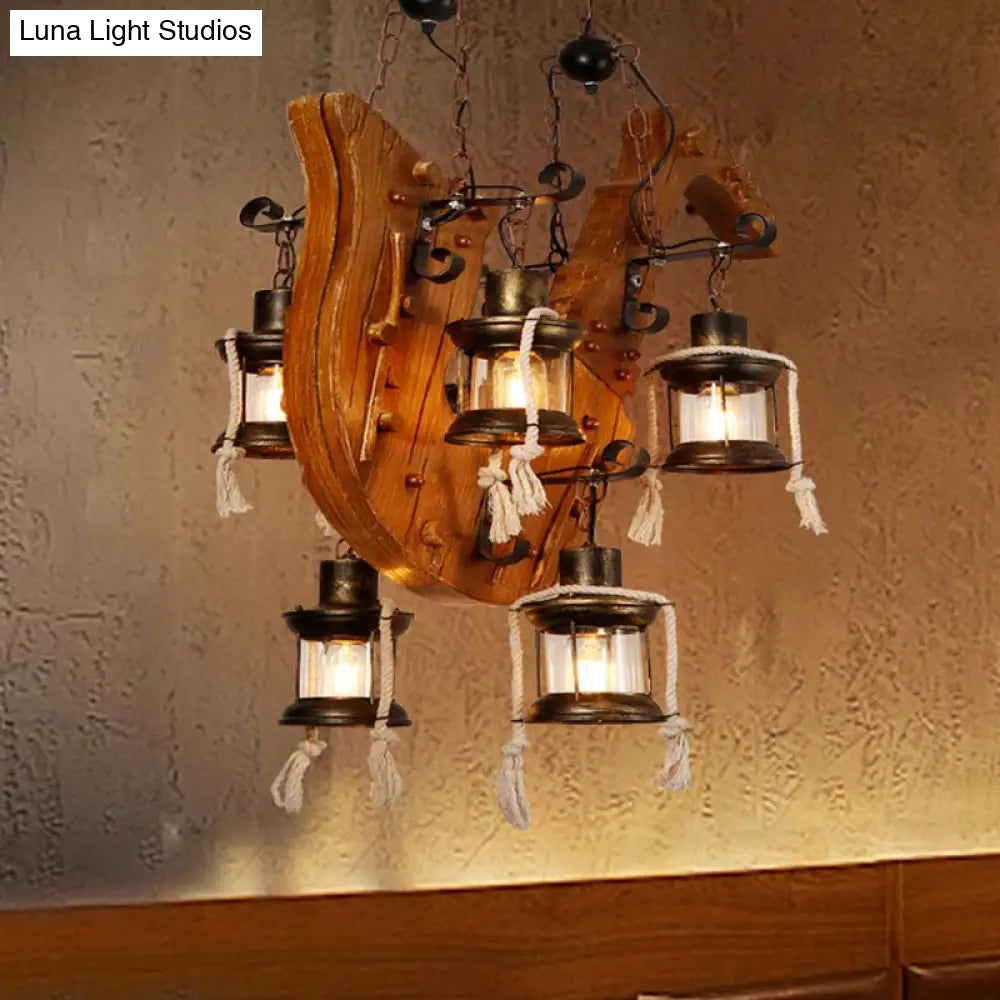 6-Light Dining Room Island Chandelier With Kerosene Clear Glass Shade - Factory Wood Hanging Light