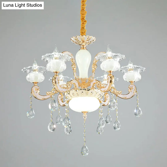 6-Light Gold Blossom Chandelier With Clear And Opal Glass - Contemporary Pendant For Bedroom