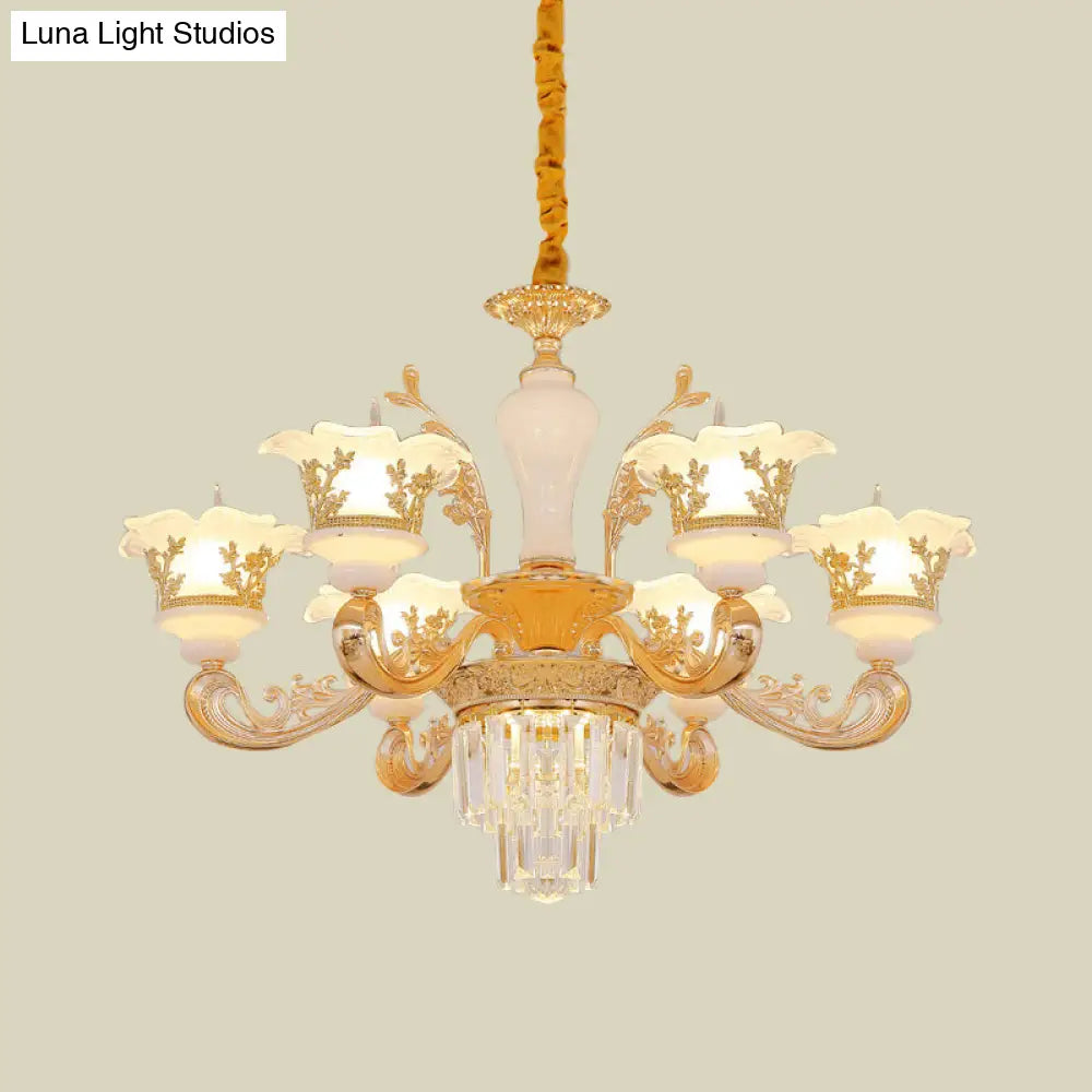 6-Light Gold Carved Cream Glass Chandelier With Crystal Accent - Postmodern Blossom Pendant