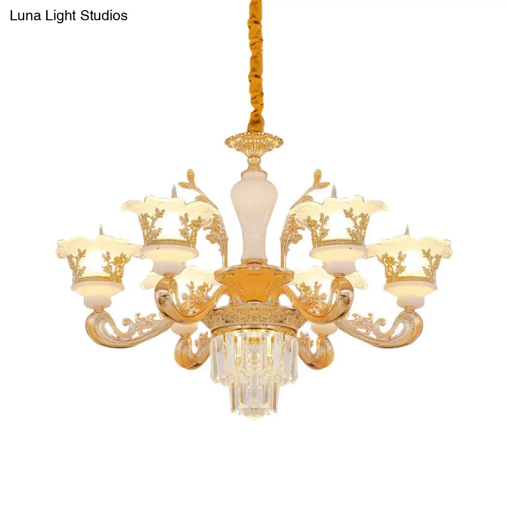 6-Light Gold Carved Cream Glass Chandelier With Crystal Accent - Postmodern Blossom Pendant