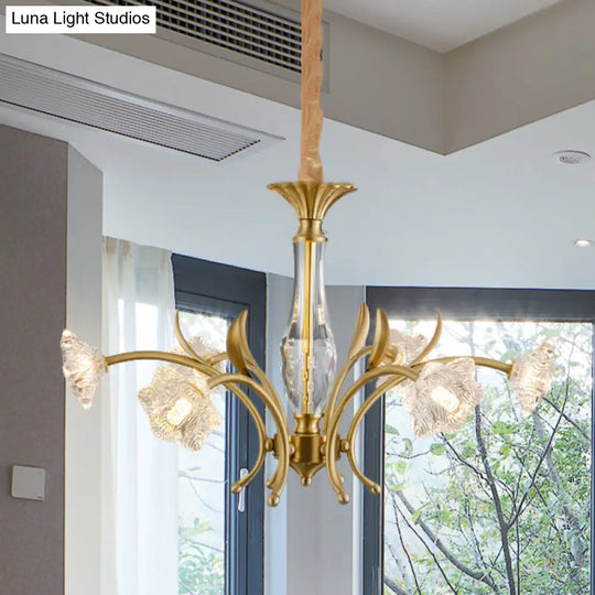 6-Light Gold Crystal Flower Chandelier Pendant Lamp For Dining Table