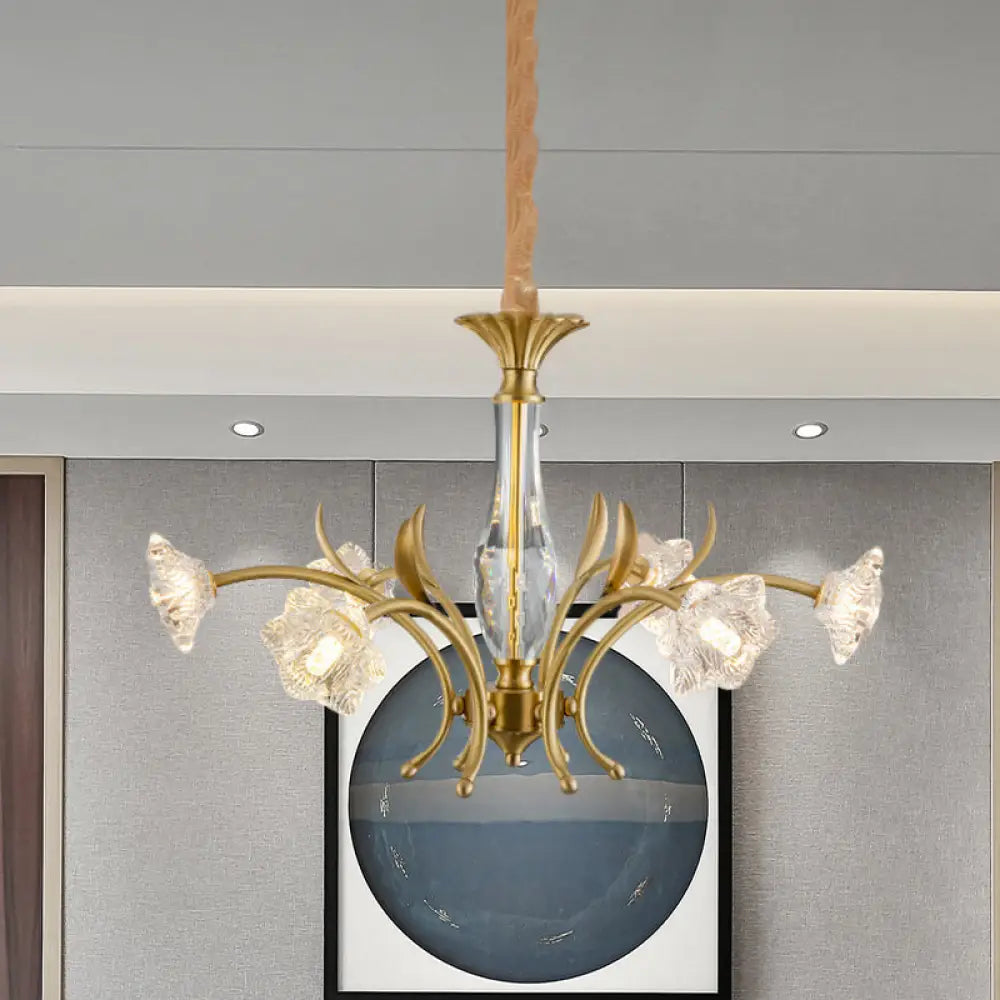 6-Light Gold Crystal Flower Chandelier Pendant Lamp For Dining Table