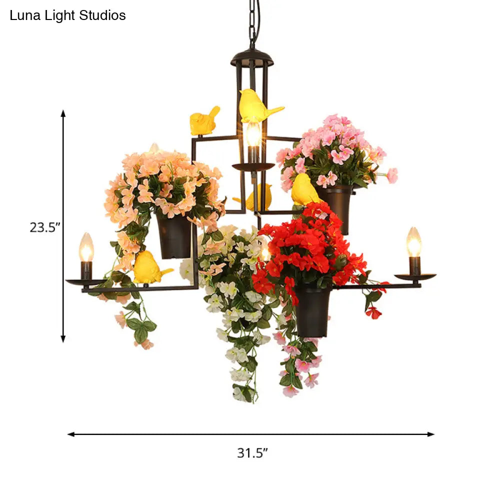 6-Light Industrial Black Metal Chandelier Pendant With Flower Decoration—Graceful Candelabra