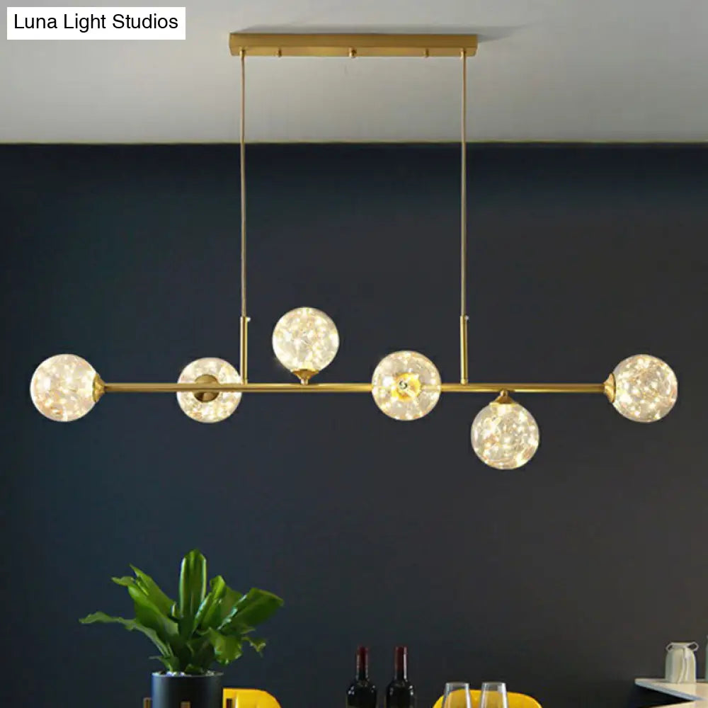 6-Light Linear Dining Room Island Pendant With Postmodern Metallic Finish And Glass Ball Shades