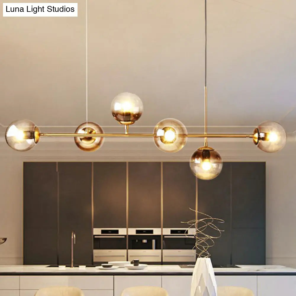 6-Light Linear Dining Room Island Pendant With Postmodern Metallic Finish And Glass Ball Shades