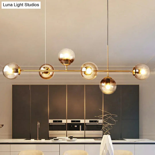 6-Light Linear Dining Room Island Pendant With Postmodern Metallic Finish And Glass Ball Shades