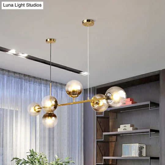 6-Light Linear Dining Room Island Pendant With Postmodern Metallic Finish And Glass Ball Shades