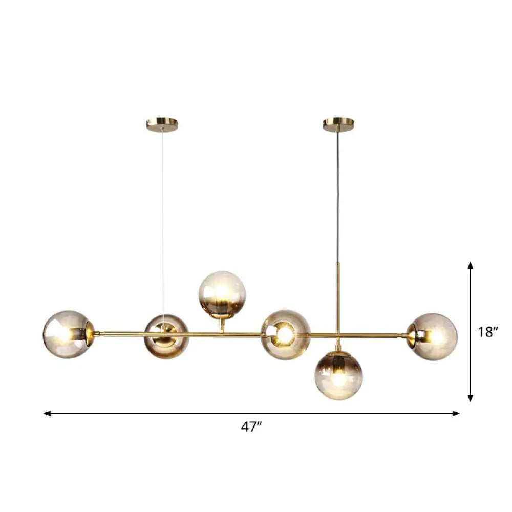 6-Light Linear Dining Room Island Pendant With Postmodern Metallic Finish And Glass Ball Shades