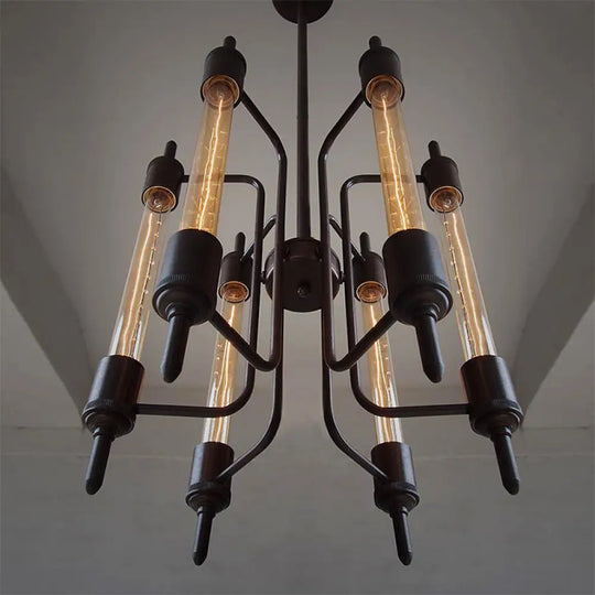 6-Light Linear Hanging Pendant Lamp In Farmhouse Black Metal For Restaurants