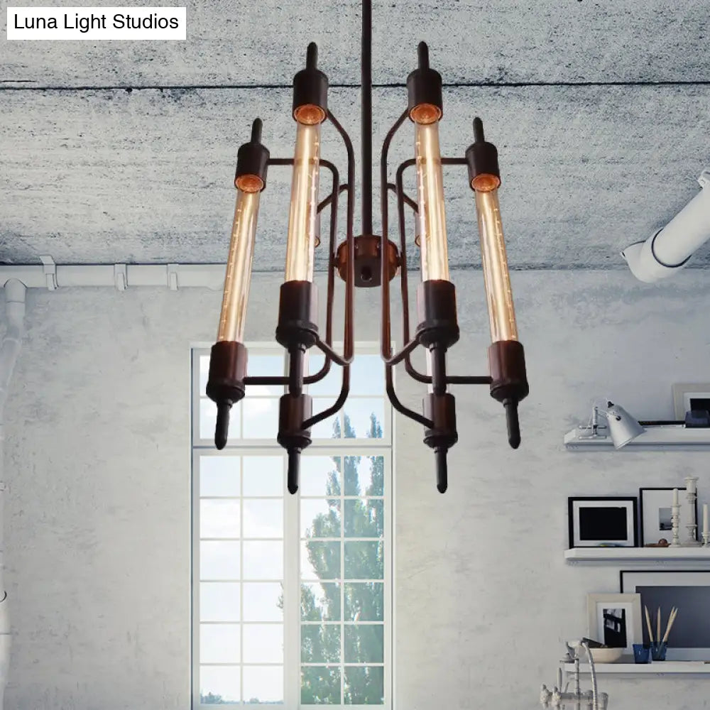 6-Light Linear Hanging Pendant Lamp In Farmhouse Black Metal For Restaurants