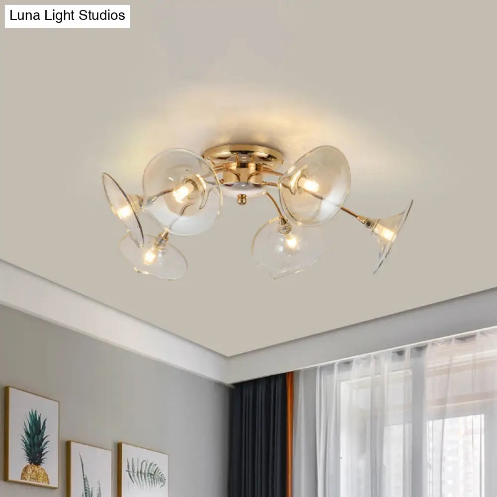 Nordic Gold 6-Light Semi-Flush Ceiling Lamp With Trumpet Glass Shade For Dining Rooms