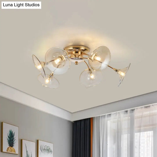 Nordic Gold 6-Light Semi-Flush Ceiling Lamp With Trumpet Glass Shade For Dining Rooms