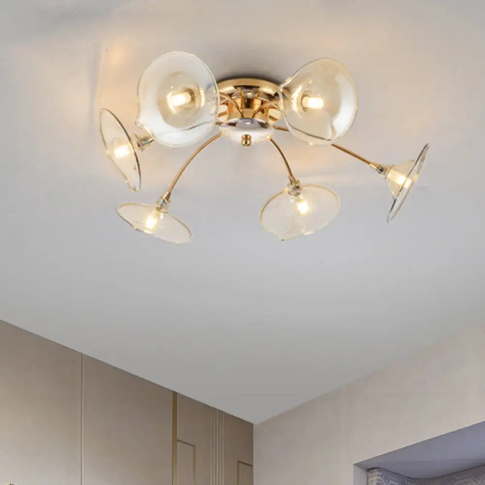 6-Light Nordic Gold Semi Flush Mount Ceiling Lamp With Trumpet Glass Shades For Dining Room