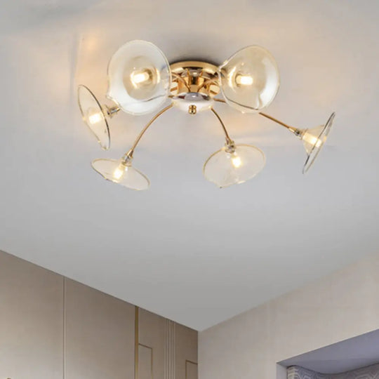 6-Light Nordic Gold Semi Flush Mount Ceiling Lamp With Trumpet Glass Shades For Dining Room