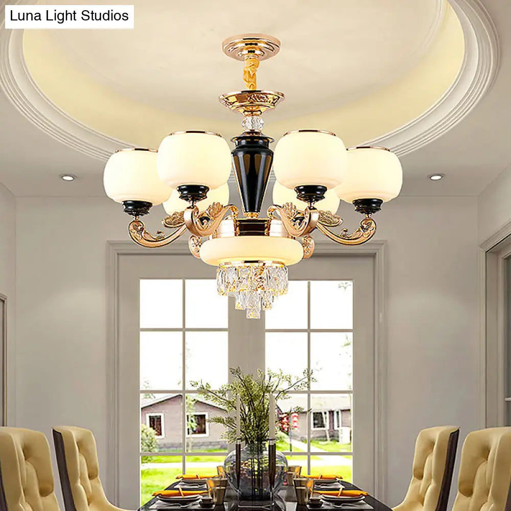 6-Light Opal Glass And Crystal Block Chandelier: Elegant 3-Layer Pendant For Sitting Room Ceiling