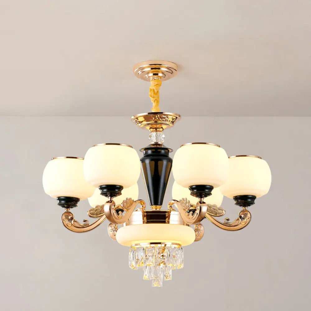 6-Light Opal Glass And Crystal Block Chandelier: Elegant 3-Layer Pendant For Sitting Room Ceiling