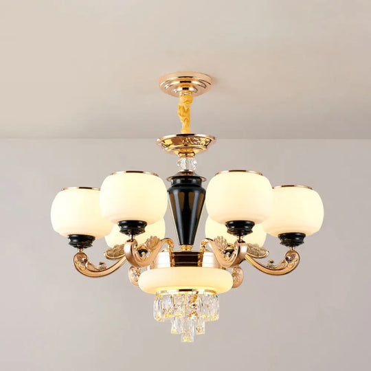 6-Light Opal Glass And Crystal Block Chandelier: Elegant 3-Layer Pendant For Sitting Room Ceiling