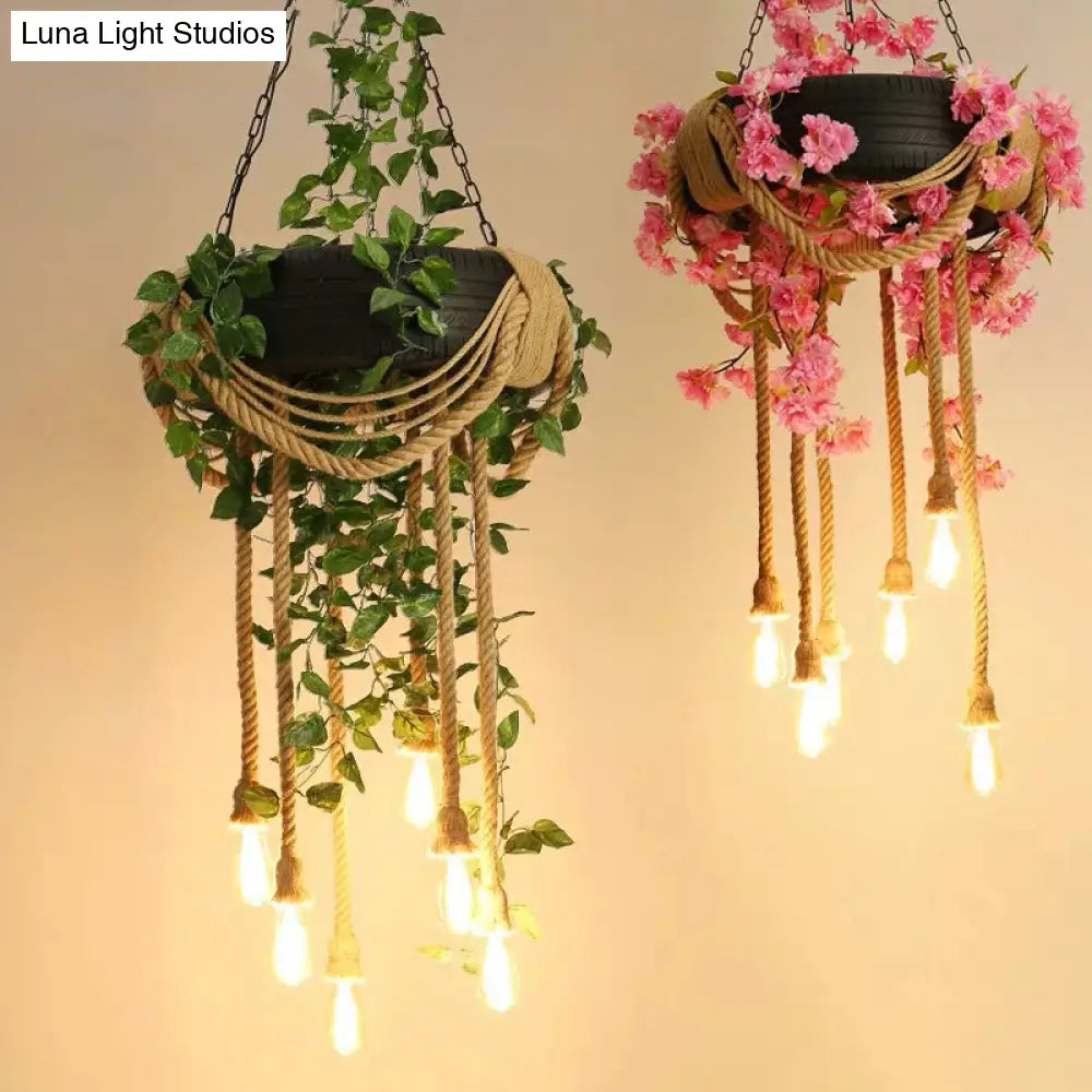 6-Light Pink/Green Chandelier Hemp Rope Pendant With Open Bulb And Rubber Tire Decor