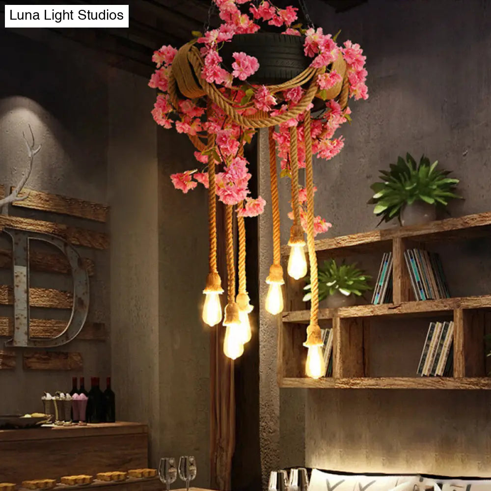 Pink/Green 6-Light Chandelier Lamp With Hemp Rope Design - Flower Pendant & Rubber Tire Decoration