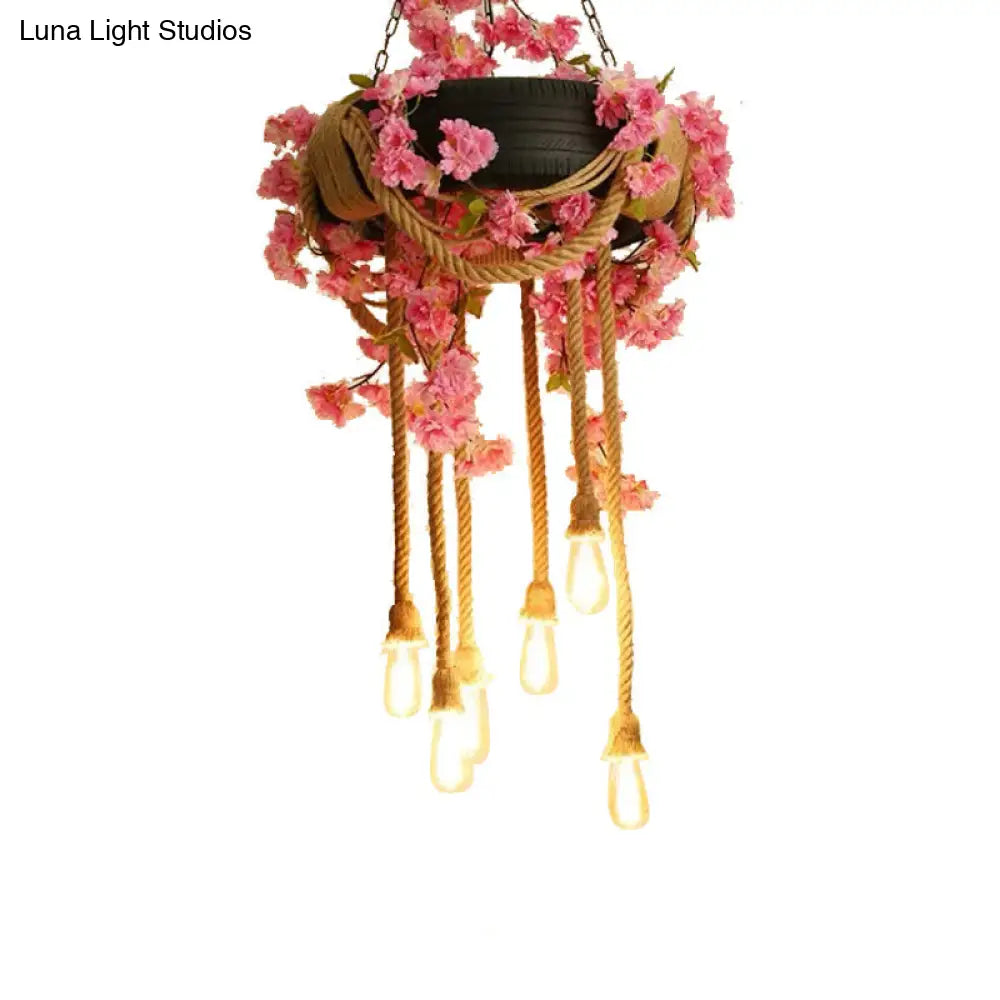 Pink/Green 6-Light Chandelier Lamp With Hemp Rope Design - Flower Pendant & Rubber Tire Decoration