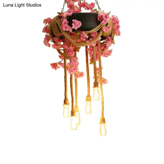 Pink/Green 6-Light Chandelier Lamp With Hemp Rope Design - Flower Pendant & Rubber Tire Decoration