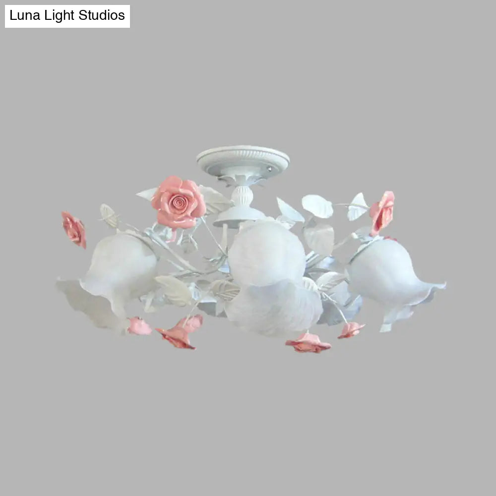 6 - Light Pink Lodge Bedroom Ceiling Fixture With Flower Glass Shade Semi - Flush Mount