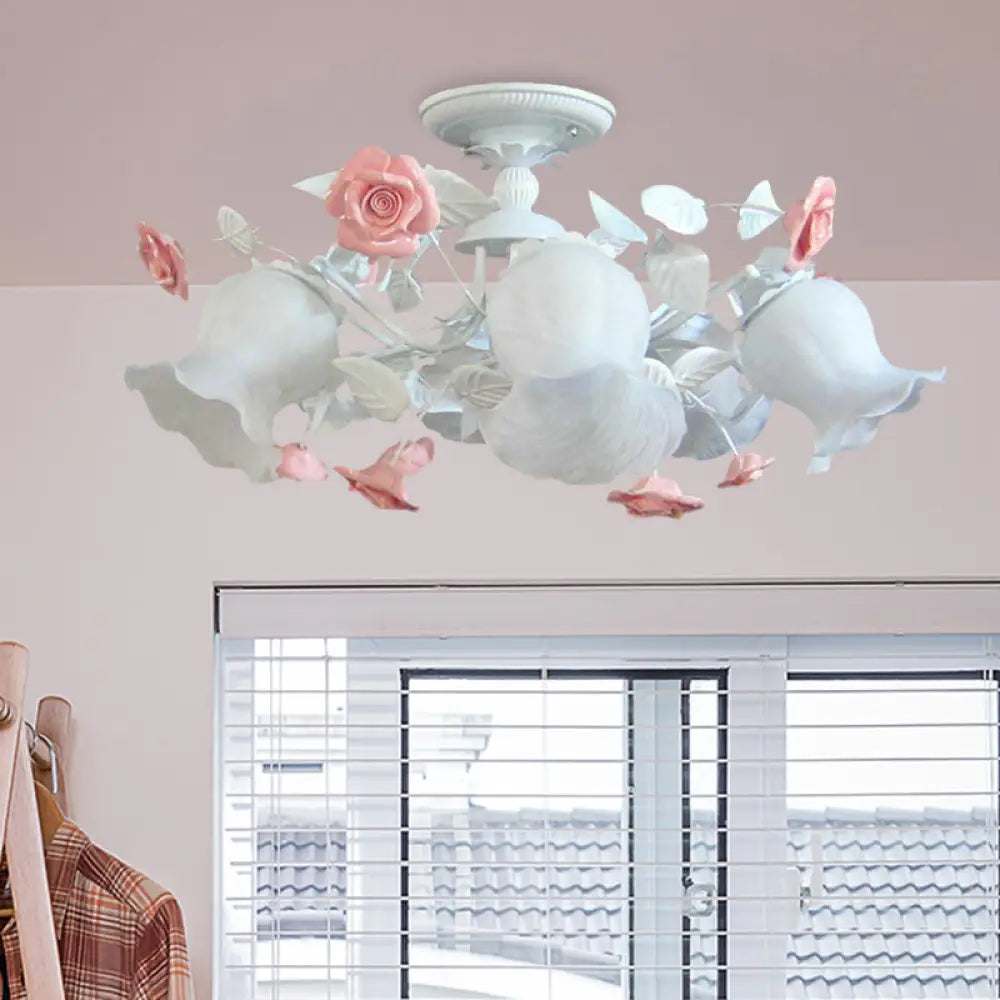 6 - Light Pink Lodge Bedroom Ceiling Fixture With Flower Glass Shade Semi - Flush Mount White