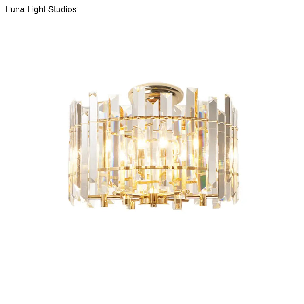 6-Light Prismatic Crystal Semi Flush Mount Gold Drum Ceiling Lamp - Modern Foyer Lighting