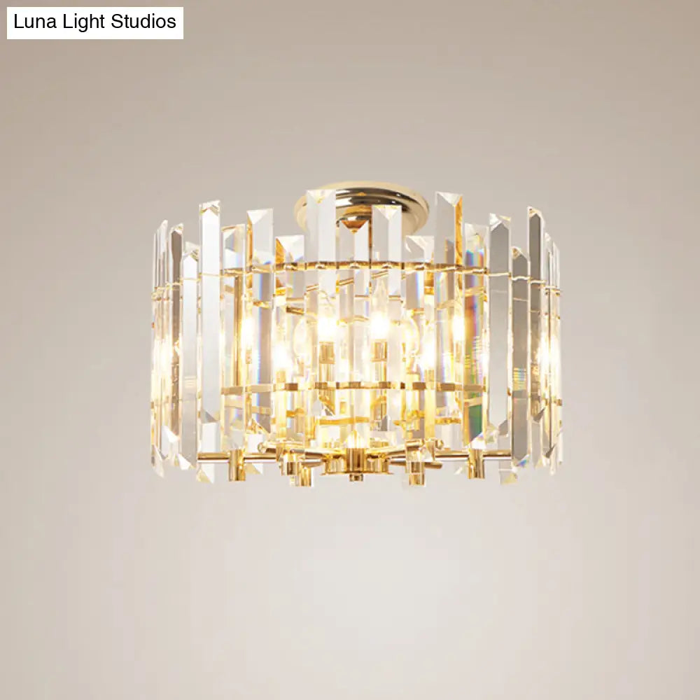 6-Light Prismatic Crystal Semi Flush Mount Gold Drum Ceiling Lamp - Modern Foyer Lighting