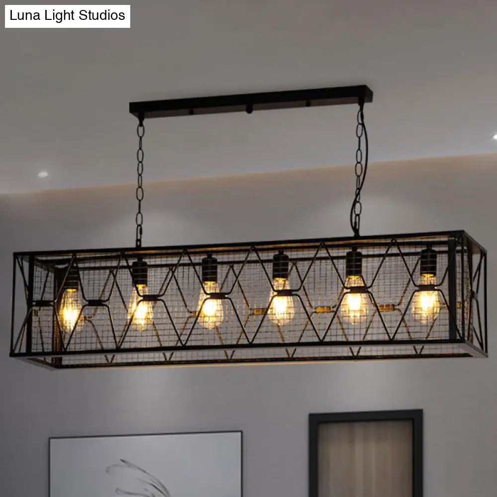 6-Light Rectangular Mesh Island Lighting: Black Metal Industrial Suspended Fixture