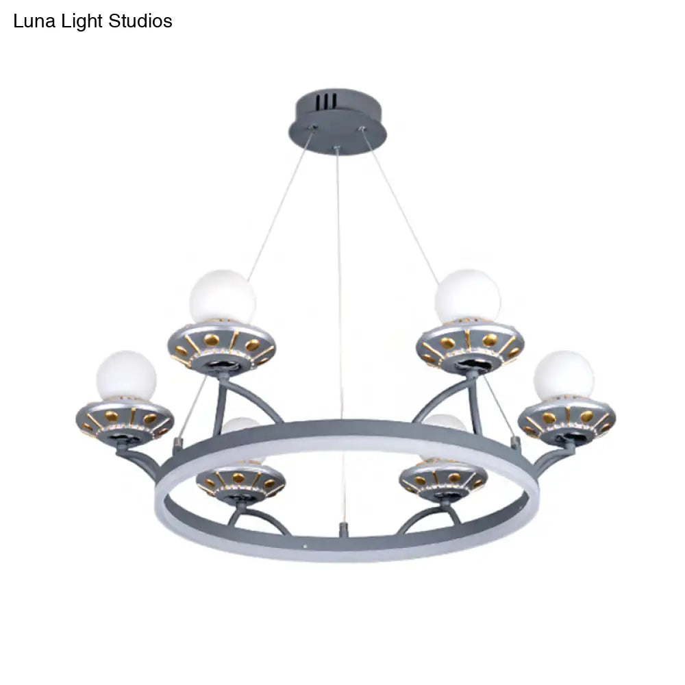 6-Light Silver Chandelier With Hanging Round Metal Frame And Sphere White Glass Shade - Kids Room