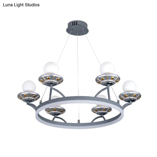 6-Light Silver Chandelier With Hanging Round Metal Frame And Sphere White Glass Shade - Kids Room